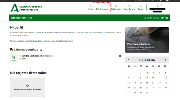 Opción Mi información